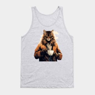Maine Coon Cat Drinking Coffee Tank Top